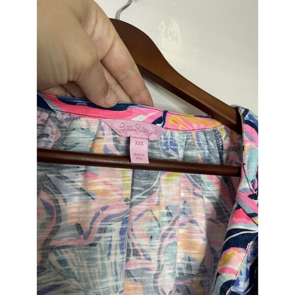 Lilly Pulitzer Womens XXS Blue Pink Romper Elastic Waist Bell Short Sleeve VNeck - Picture 7 of 11